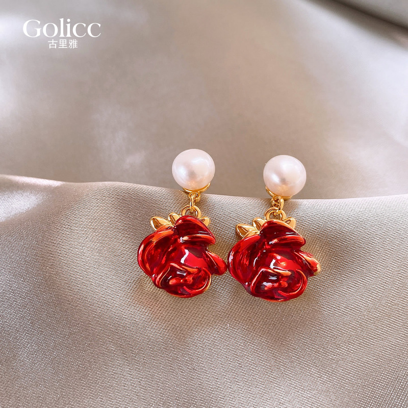 金色撞色流光花朵珍珠耳坠耳环