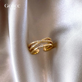 金色满钻多层交叉开口戒指女轻奢高级感2025新款 爆款 小众设计指环