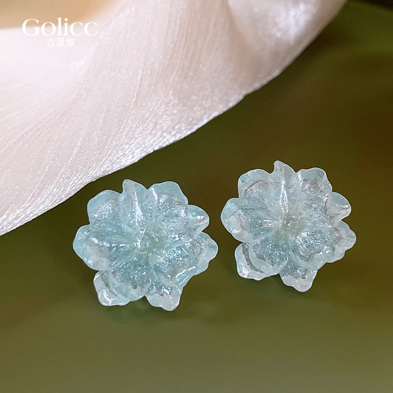蓝色清透花朵耳钉女设计感小众精致耳环925纯银针独特漂亮耳饰品