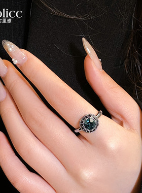 蓝色圆形水晶微镶戒指小众设计