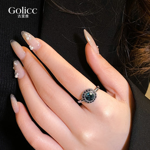 复古蓝色圆形水晶戒指女小众设计开口食指指环巨好看的轻奢高级感