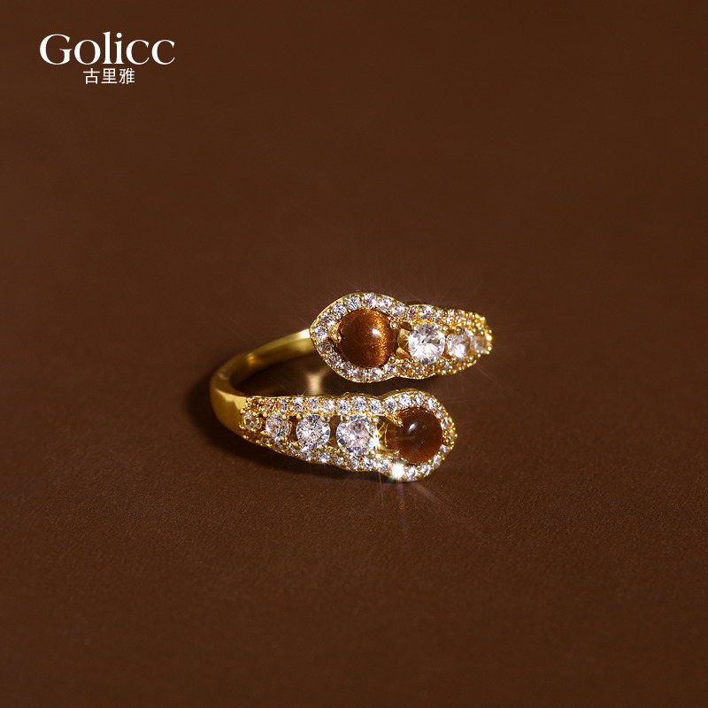 美拉德虎眼石蛇形锆石开口戒指