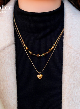 双层叠戴虎眼石串珠金色桃心吊坠