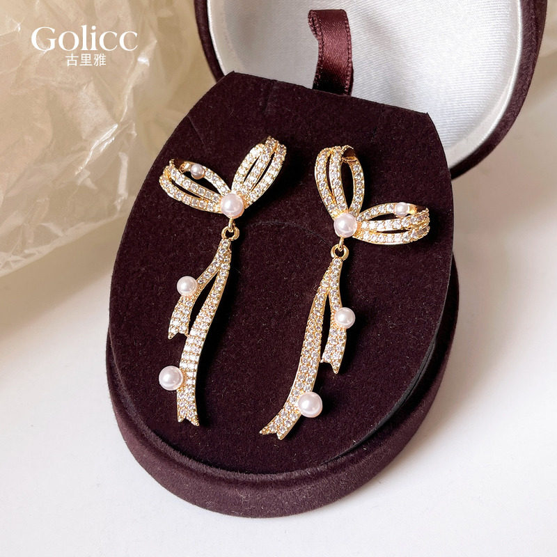 金色满钻蝴蝶结珍珠耳坠耳环女巨好看独特漂亮耳钉小众设计感耳饰