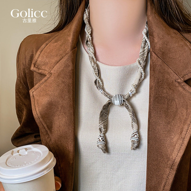 腰果花缠绕珍珠丝巾系脖项链大气