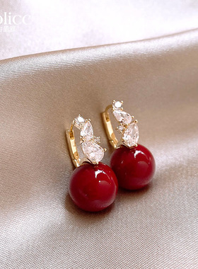 2026新款爆款满钻锆石红色珍珠耳钉女精致过年耳环适合冬天的耳饰