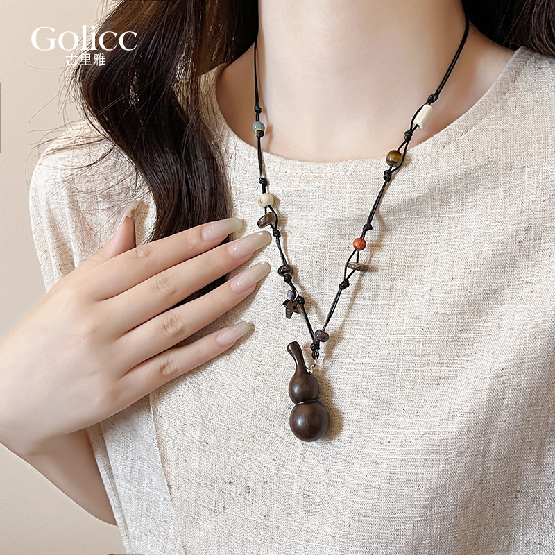 新中式天然木制葫芦串珠皮绳项链