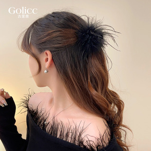 高级感毛毛鲨鱼夹后脑勺半扎发夹 黑色羽毛高马尾小抓夹女2026新款