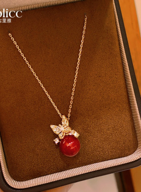 红色珍珠蝴蝶锆石吊坠项链高级感