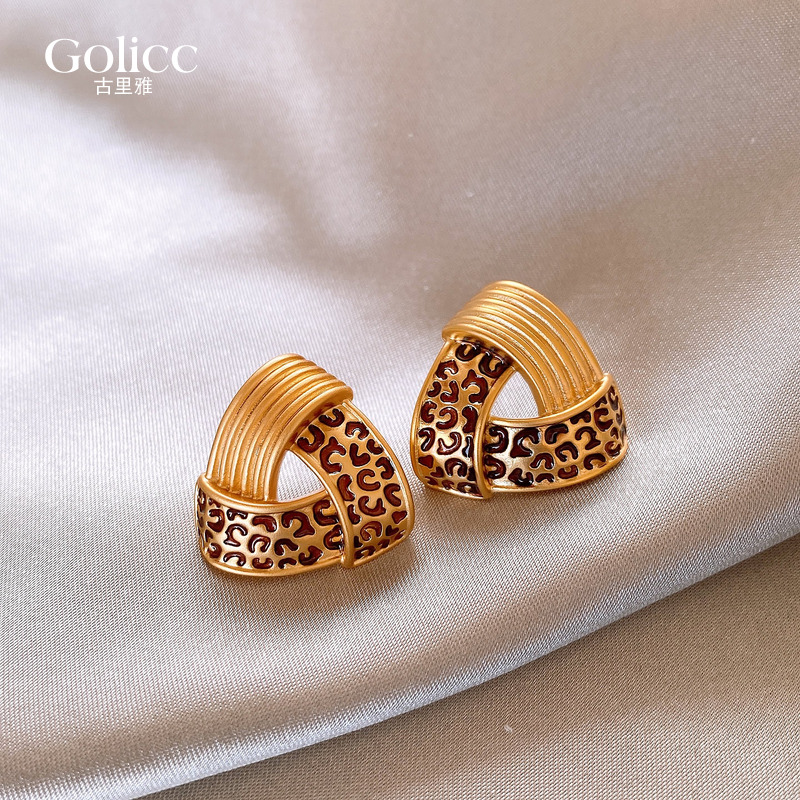 金属三角镂空豹纹耳环高级感耳饰