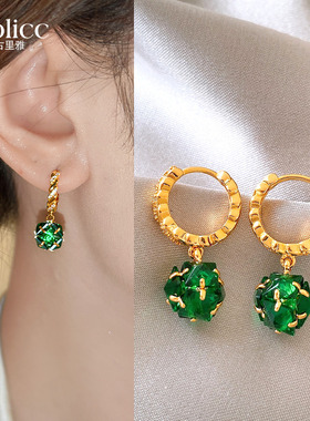 几何绿色锆石耳坠耳环女2026新款爆款耳饰轻奢高级感气质大气耳钉