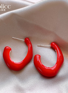红色C圈耳环女925纯银针耳钉轻奢高级感气质大气耳饰2026新款爆款
