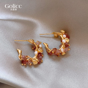 金色C圈珍珠花朵耳钉女2026新款 高级感轻奢独特耳环925纯银针耳饰