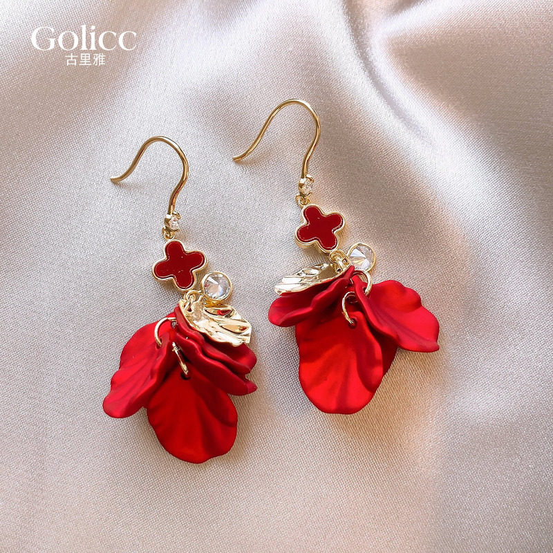红色四叶草花瓣流苏耳坠耳环