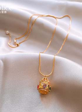 沙金彩色锆石提篮吊坠项链高级感