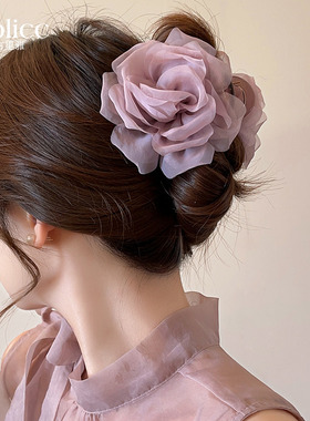 网纱花朵抓夹女2025新款高端发夹后脑勺高级感度假风头花发饰头饰