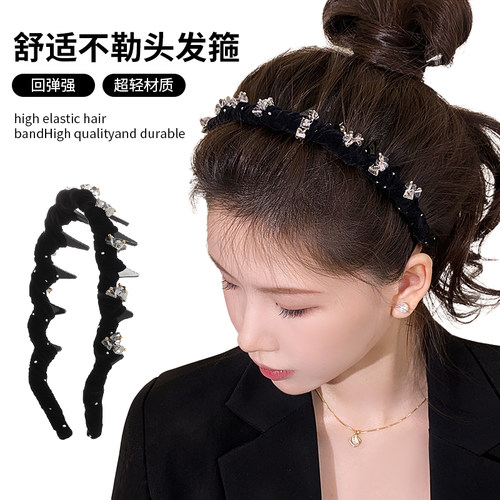 黑色绒布水晶高颅顶发箍高级感