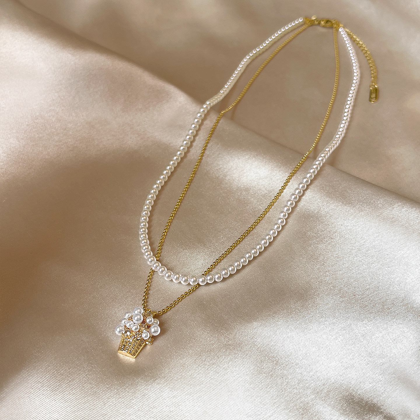 双层叠戴金色珍珠篮子吊坠项链女款2026新款锁骨链高级感轻奢小众