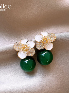 复古新中式祖母绿色花朵耳环2025新款爆款高级耳钉国风花瓣耳饰女