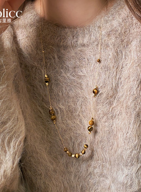 金色长款虎眼石串珠项链毛衣链