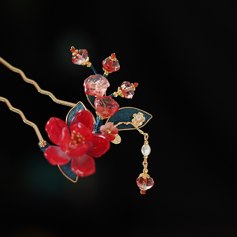 玉兰花红色u型发簪古风盘发头饰玫瑰花新中式敬酒服秀禾新娘发饰