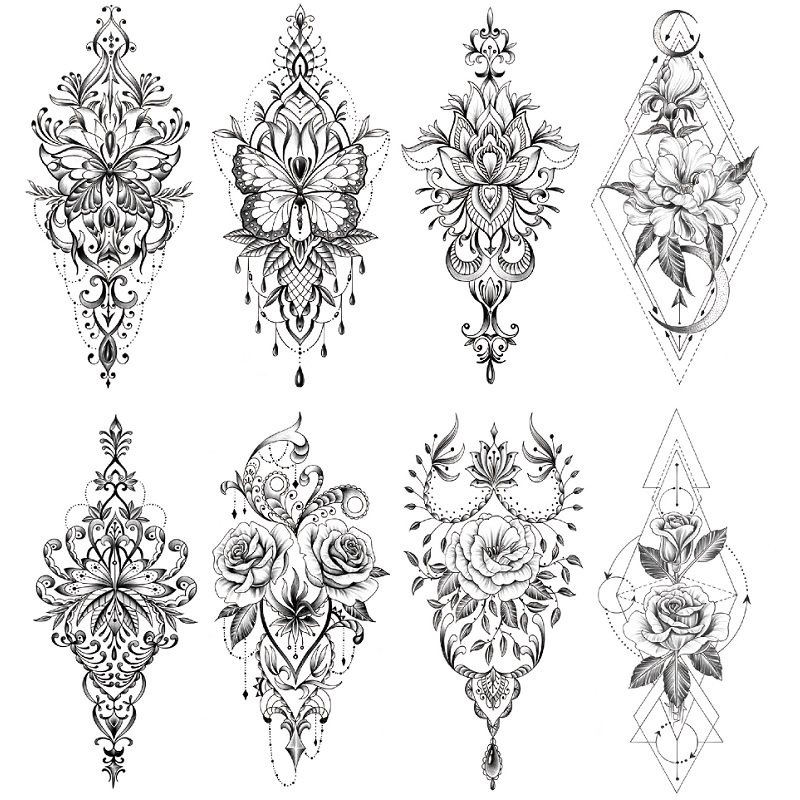 纹身贴防水女仿真梵花玫瑰蝴蝶黑色后背大腿性感遮痕临时文身贴纸