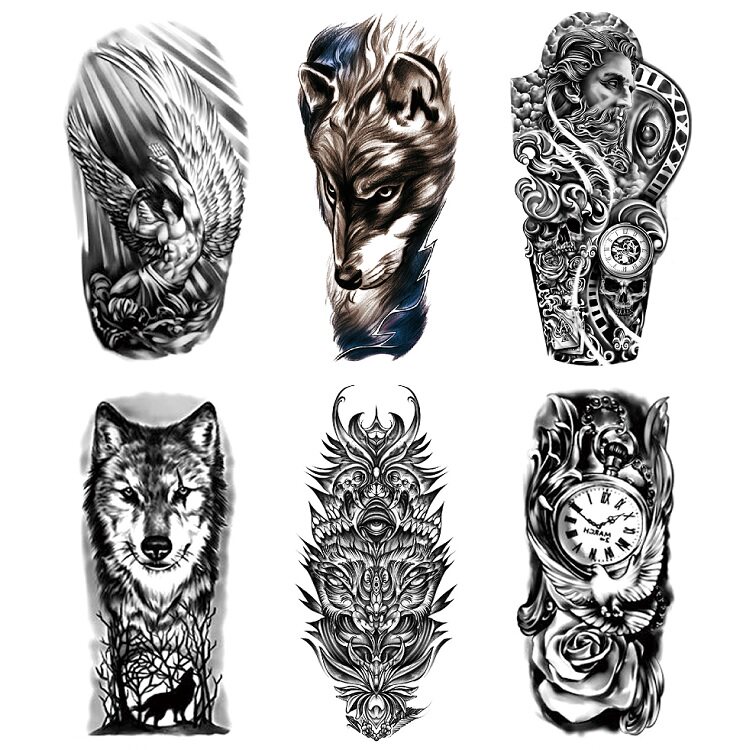 图腾狼头波塞冬美式半臂手臂仿真水转印防水纹身贴男持久仿真刺青