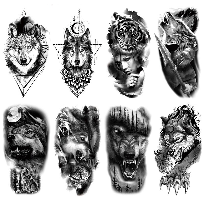 黑色狼头大图案半臂仿真一次性夏日遮痕休闲时尚水转印防水纹身贴