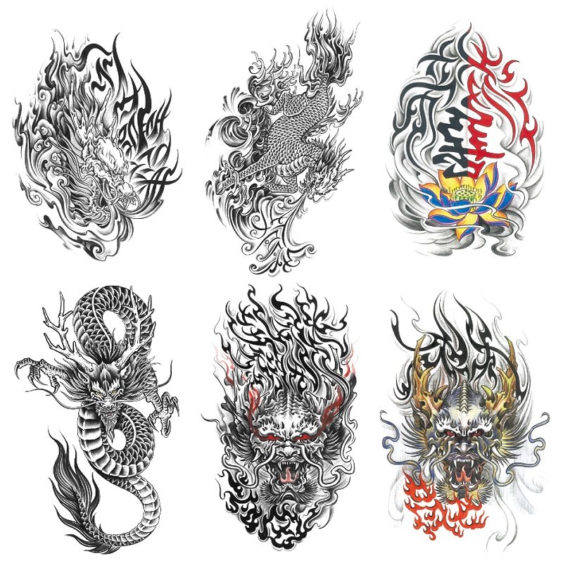 火麒麟龙头火焰善恶字体传统图案仿真一次性刺青纹身贴男手臂贴画