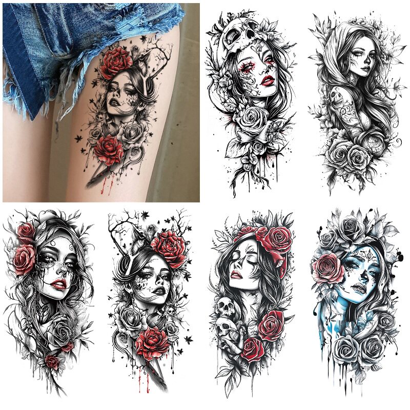 彩绘新款美女人物红玫瑰半臂腿聚会仿真一次性临时水转印纹身贴纸