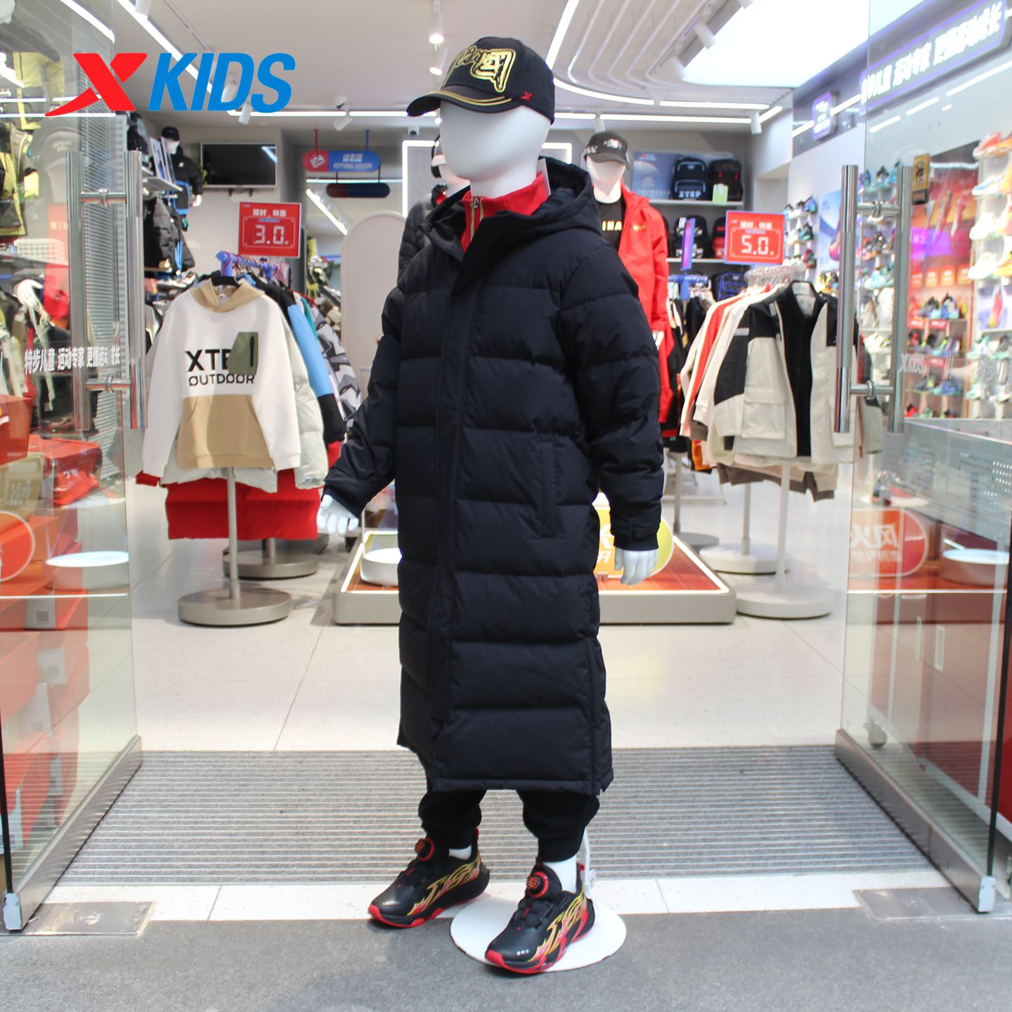 特步儿童2025冬新款连帽长款羽绒服加厚鸭绒保暖外套6754251A4134