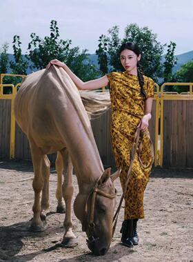 2026年早春新款复古高级感旗袍新中式暖阳金丝提花斜裁连衣裙