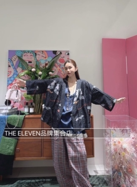 MMQ2026夏法式复古印花系带V领衬衫格子休闲长裤蓝色不规则吊带