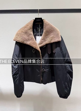 MMQ2025年冬季羊羔毛大翻领皮毛一体短外套女黑色保暖夹克