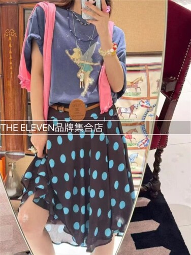 [新品]SELALA GU-OITMMTIO短袖T恤蓝调波点复古不规则半身裙