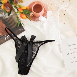 性感低腰闪亮蕾丝丁字裤内裤女 蝴蝶结个性黑白细带丁字形T裤代发