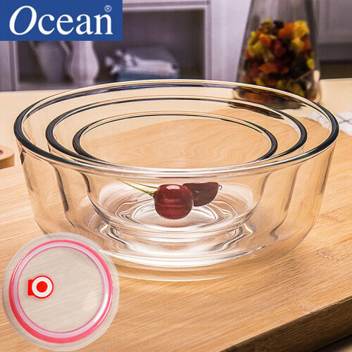 3件套Ocean进口加厚透明汤碗家用玻璃碗沙拉碗泡面碗套装大号带盖