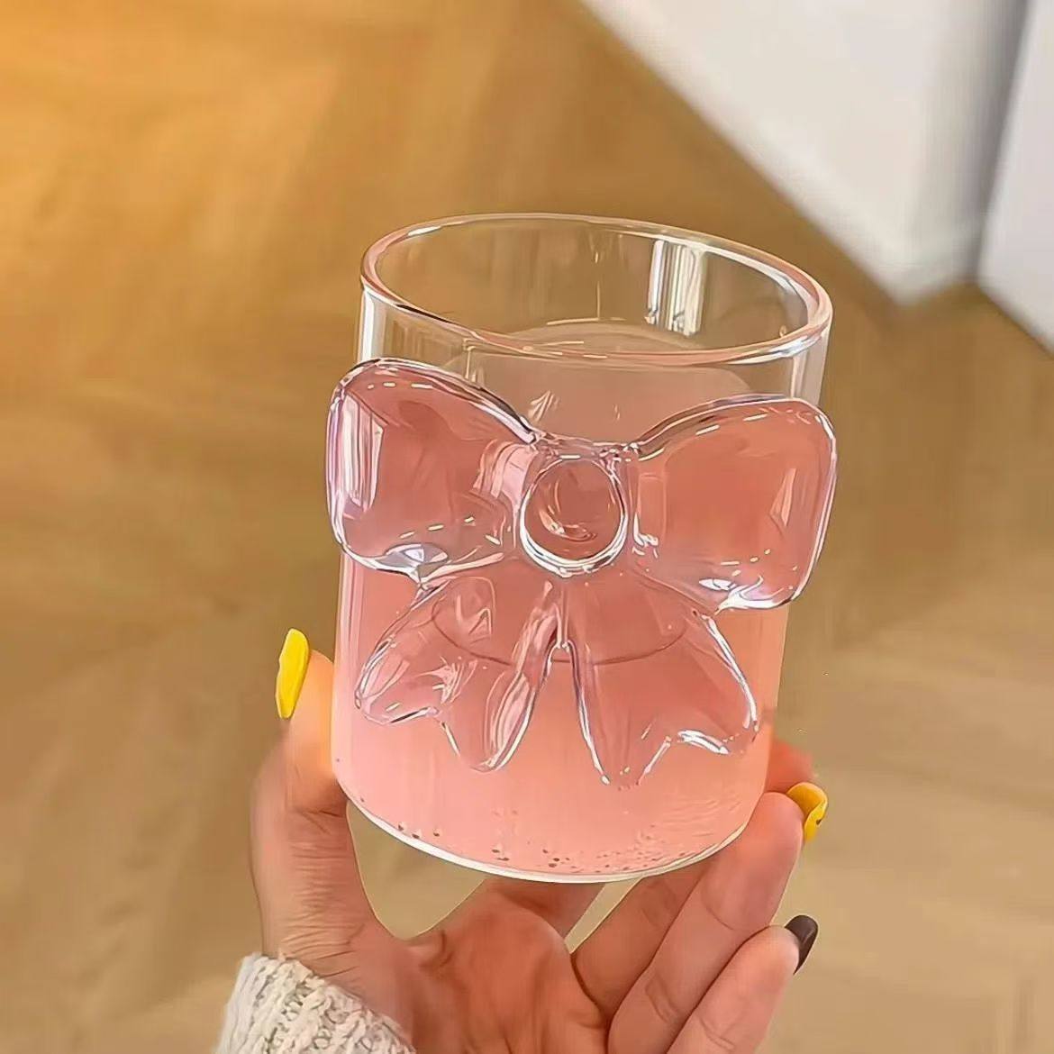 粉色蝴蝶结耐高温防烫玻璃杯家用透明牛奶杯小众设计感威士忌酒杯