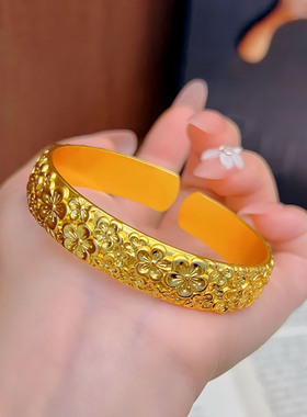 合金手镯时尚【古法宽面桃花手镯】孟加拉赤金北欧金锡金里外一色