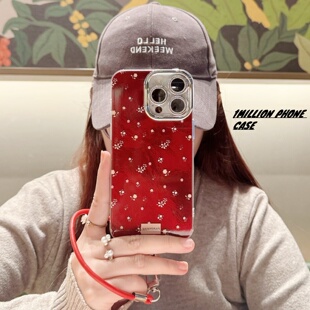 适用苹果iPhone17promax手机壳高级感轻奢16pro女款 酒红碎花潮 外壳15硅胶全包13红色超火14pro防摔保护套女