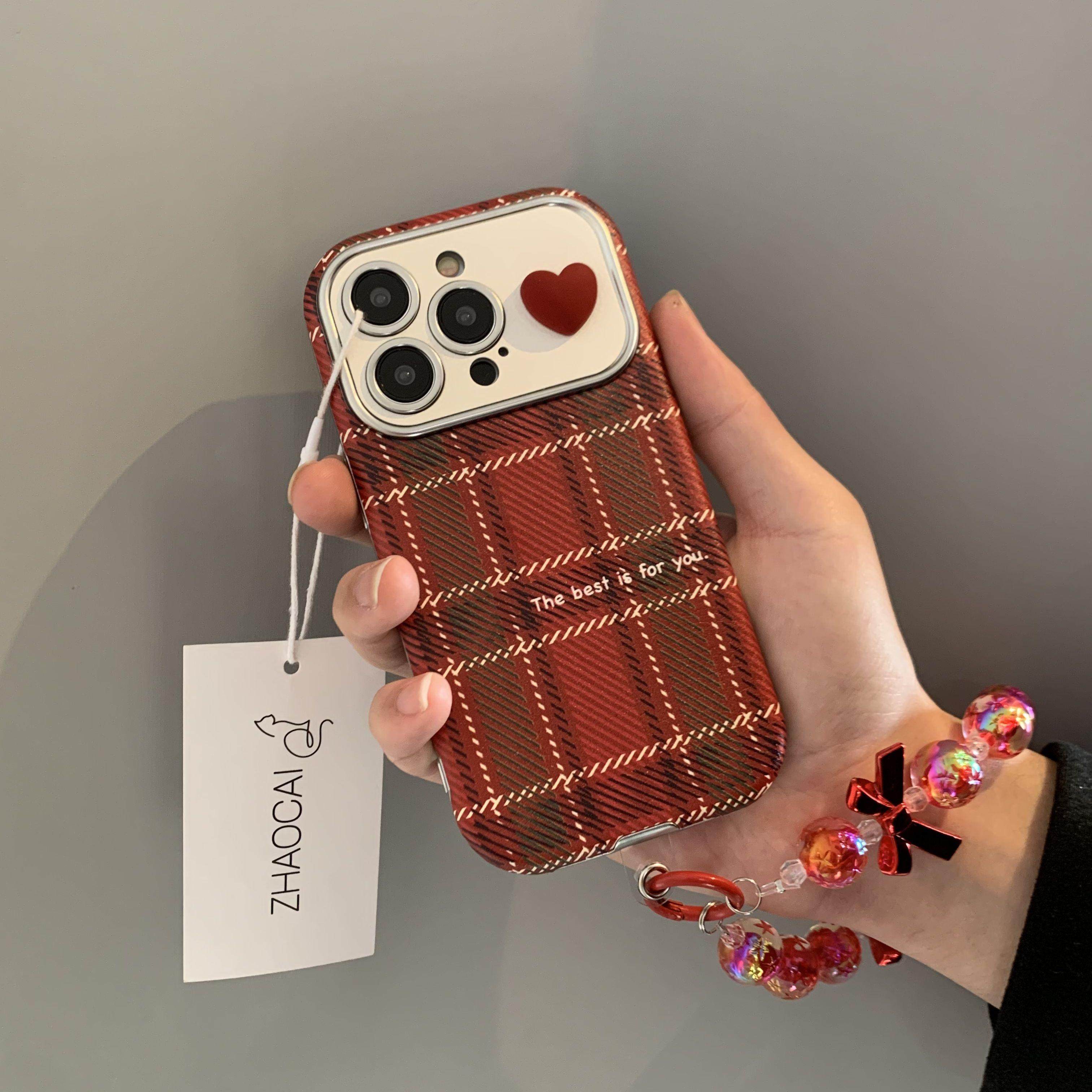 红色格纹立体爱心iPhone15手机壳16promax适用14苹果17promax皮质软壳12大视窗11小众喜庆新年女款可爱高级感