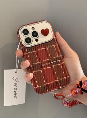 红色格纹立体爱心iPhone15手机壳16promax适用14苹果17promax皮质软壳12大视窗11小众喜庆新年女款可爱高级感