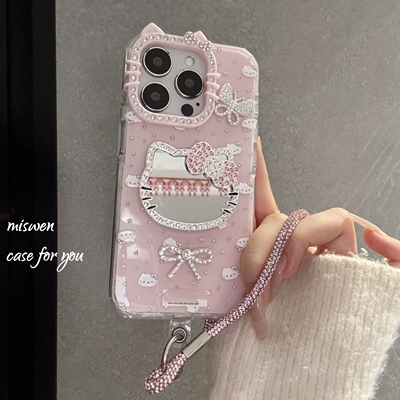 超可爱猫咪镜子新款网红爆款适用iphone17promax手机壳16p苹果15pro点钻猫耳镜框14独特13女款12高级11潮流感