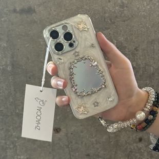 乳白ins高级感滴胶闪钻镜面适用iPhone16promax手机壳苹果15新款 13超火14pro韩风11网红12小众女17promax全包