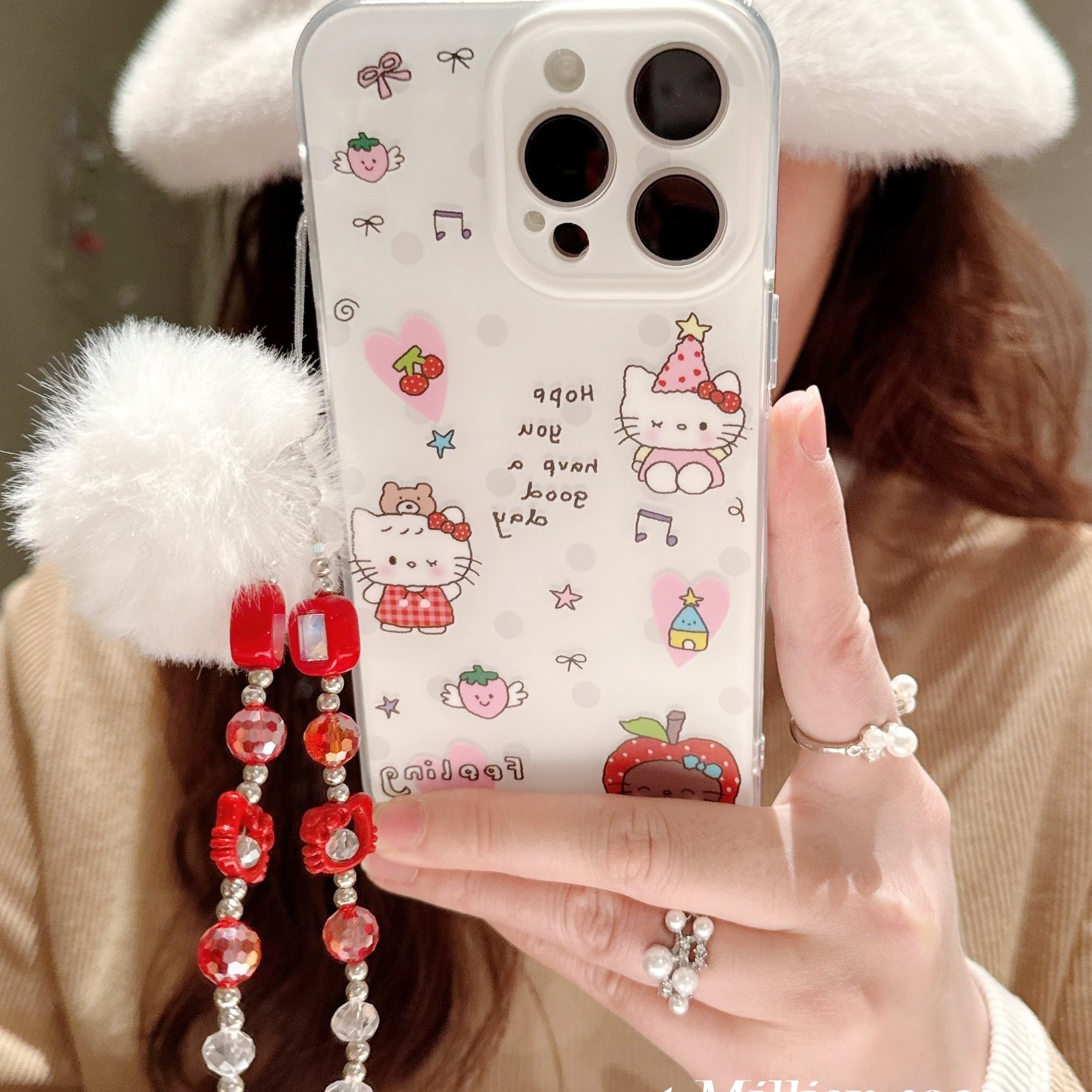 甜美简绘波点哈喽kt适用苹果iPhone17promax手机壳16pro新款17女款14pro毛球链条15pro双层磨砂防摔13p手机套,3C数码配件,手机保护套/壳,淘宝优惠券,粉丝福利购,淘宝优惠卷