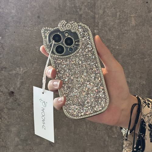 滴胶银闪粉亮片kt猫适用17pro苹果16promax手机壳新款iPhone15pro高级镜头全包12防摔13pro网红14手提链条女