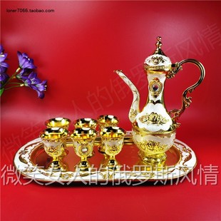 特价 小号圆壶手柄杯椭托盘金米色玫瑰 俄罗斯R20锡金属酒具8件套装