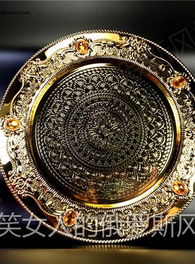特价俄罗斯R170-158锡金属托果茶看盘篮大号全金色桔钻直径30厘米