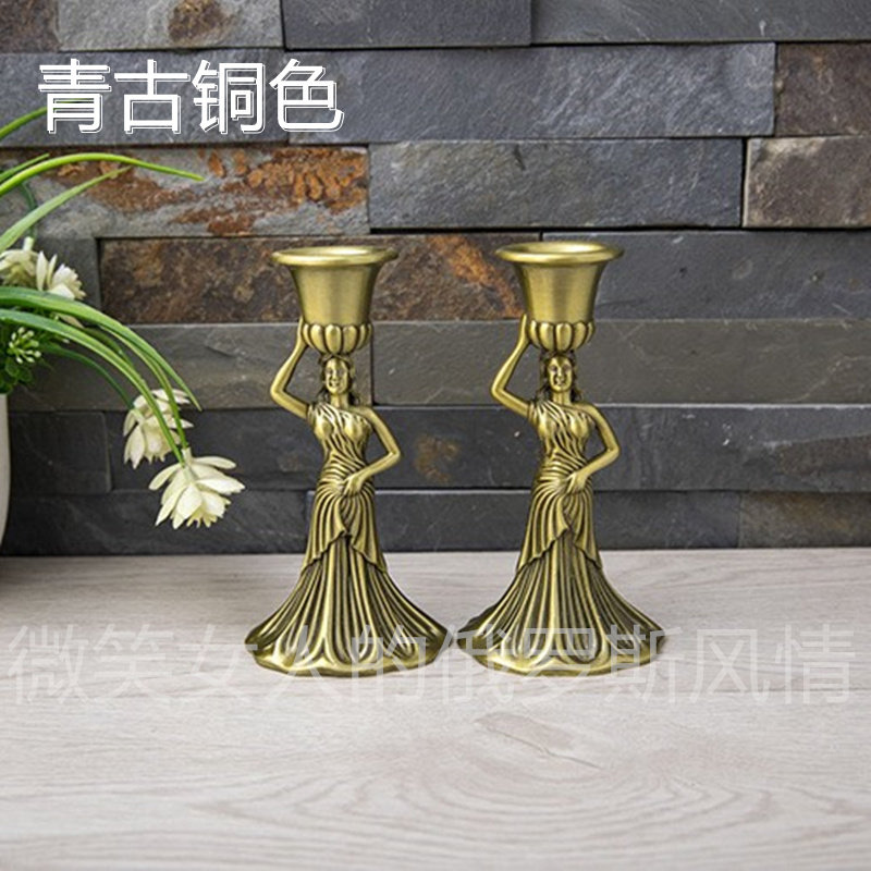 特价俄罗斯R-4锡金属桌面烛蜡台单头美女天使一1对装青古铜色欧式