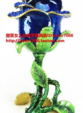 特价俄罗斯R5锡金属首饰盒玫瑰花枝金蓝色妖姬镶钻份量沉装饰摆件